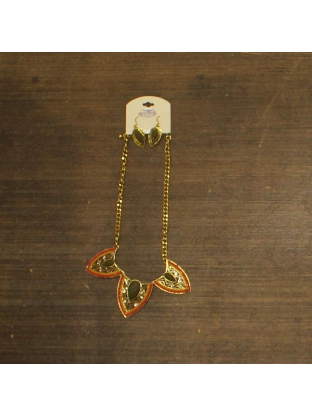NWT Tint Triangle Bib Dangly Earring Necklace Set Gold / Red Multi 18" + 3"